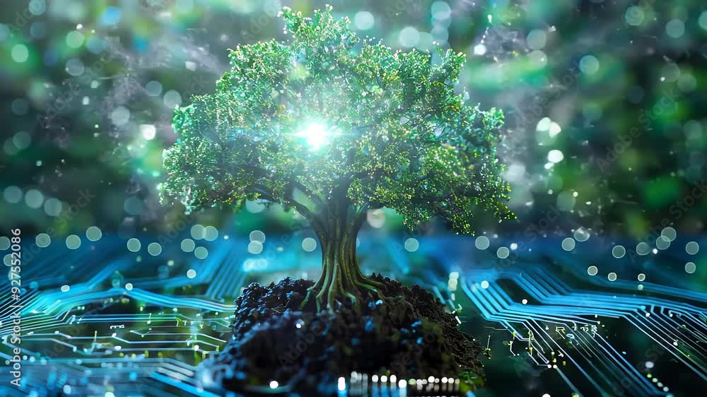 Tree with soil growing on the converging point of computer circuit board. Blue light and wireframe network background. Green Computing, Green Technology, Green IT, csr, and IT ethics Concept Tree with soil growing on the converging point of computer circuit board. Blue light and wireframe network background. Green Computing, Green Technology, Green IT, csr, and IT ethics Concept