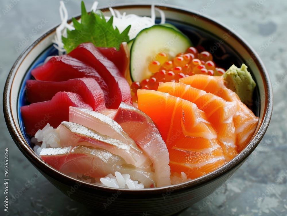 Exquisite Japanese Chirashi Sashimi Platter on Fresh Sushi Rice Bed - Irresistible Culinary Masterpiece for Promoting Japanese Cuisine Exquisite Japanese Chirashi Sashimi Platter on Fresh Sushi Rice Bed - Irresistible Culinary Masterpiece for Promoting Japanese Cuisine