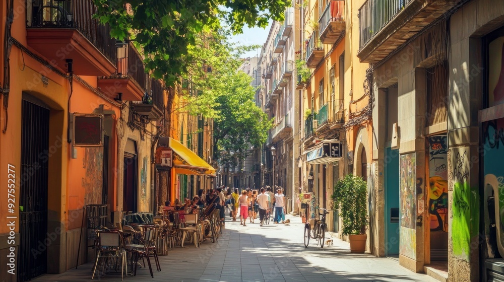 Fototapeta premium Vibrant Street Life in Barcelona: A Colorful Capture