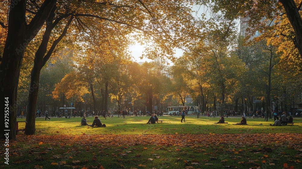 Naklejka premium Autumn Colors and City Life: A Bustling Park in Fall