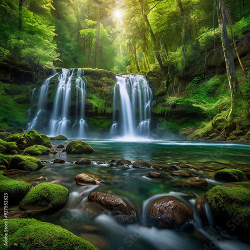 background view of a waterfall in the middle of a beautiful forest