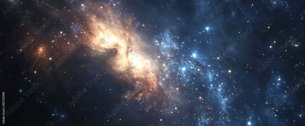 A cosmic view of a nebula with swirling clouds of gas and dust, illuminated by stars. A cosmic view of a nebula with swirling clouds of gas and dust, illuminated by stars.