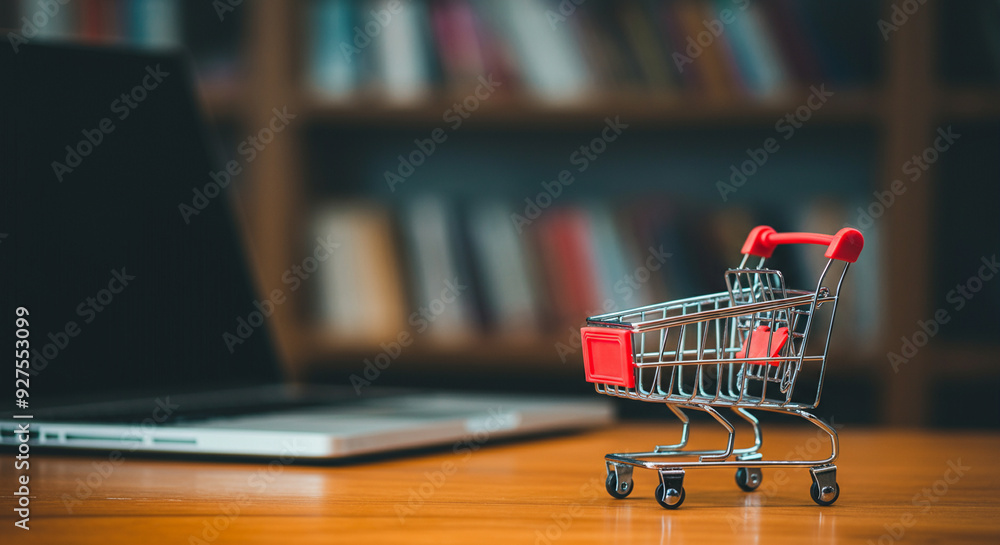 Shopping Cart on Wooden Table with Laptop in Background. Online Shopping Business Concept Depicted with Modern Desktop Environment and E-commerce Elements Shopping Cart on Wooden Table with Laptop in Background. Online Shopping Business Concept Depicted with Modern Desktop Environment and E-commerce Elements
