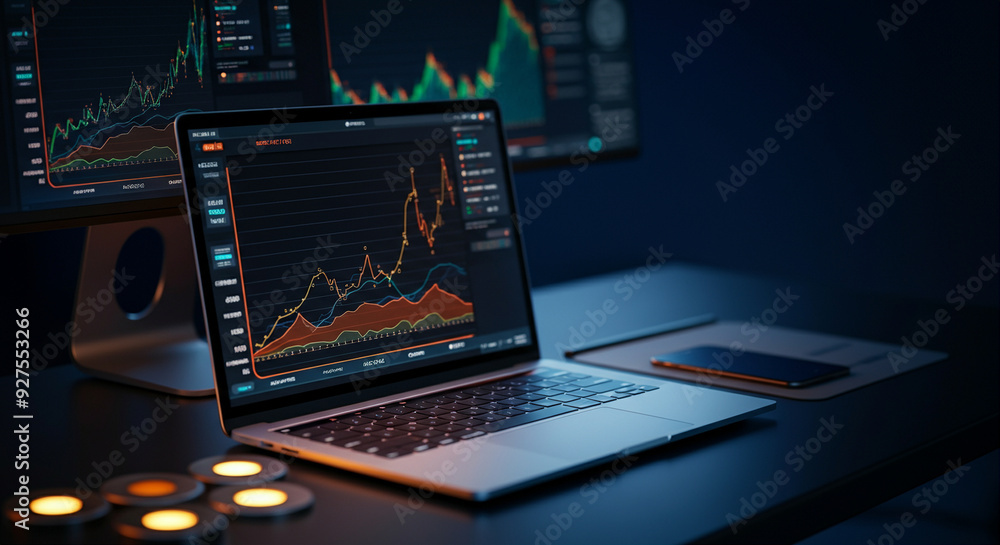 Laptop with financial analysis and stock market data visualizations. Digital data trends showcasing investment analysis and currency graphs in a modern workspace Laptop with financial analysis and stock market data visualizations. Digital data trends showcasing investment analysis and currency graphs in a modern workspace