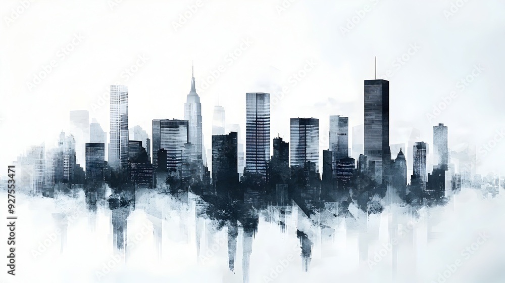 Obraz premium Moody Cityscape Silhouette of Towering Skyscrapers in Foggy Urban Skyline