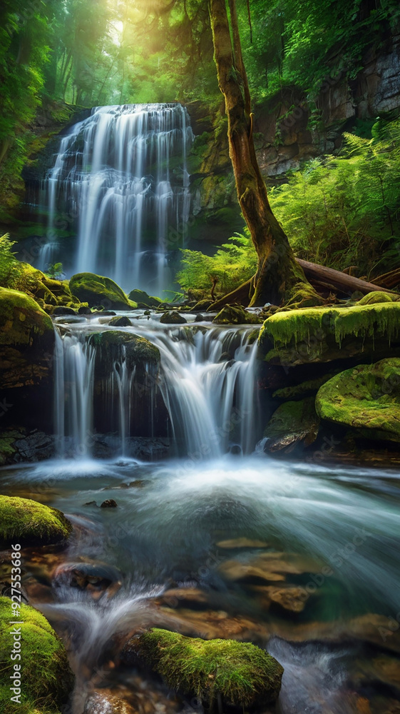 Obraz premium background view of a waterfall in the middle of a beautiful forest