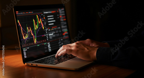 Laptop with financial trading software on screen. Close-up of hands typing on a laptop keyboard while monitoring stock market data in a dark environment. Showcasing stock trading analysis