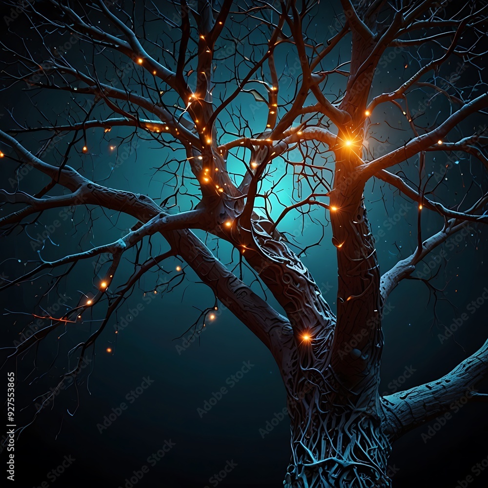 Naklejka premium Artificial Intelligence concept a tree with branches in the form of neurons neural network futuristic glowing tree dark background