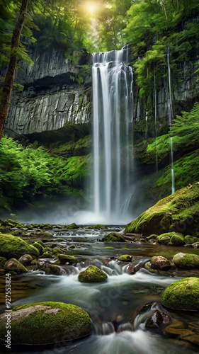 background view of a waterfall in the middle of a beautiful forest