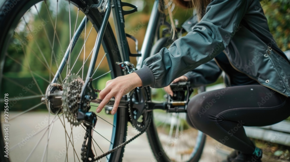 Close-up of an adult woman working on her bicycle chain, kneeling beside the bike Close-up of an adult woman working on her bicycle chain, kneeling beside the bike