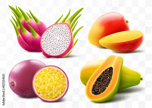Set of exotic ripe tropical fruits mango, papaya, passion fruit and dragon fruit or pitaya, isolated on transparent background. Whole and slices of juicy fruits. Realistic 3d vector illustration