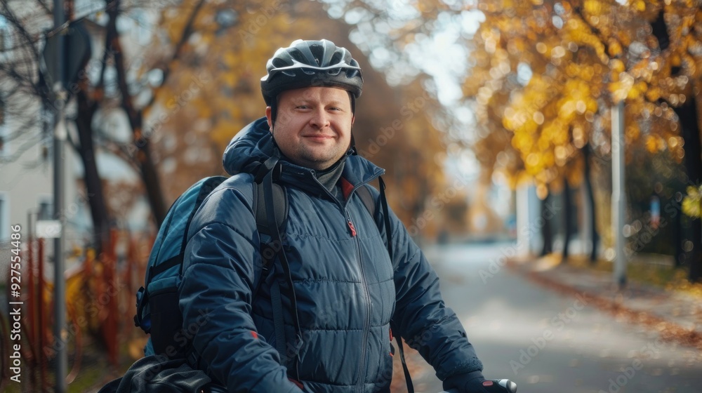 Down syndrome man with a helmet and bicycle, standing outdoors in a relaxed pose on a street Down syndrome man with a helmet and bicycle, standing outdoors in a relaxed pose on a street