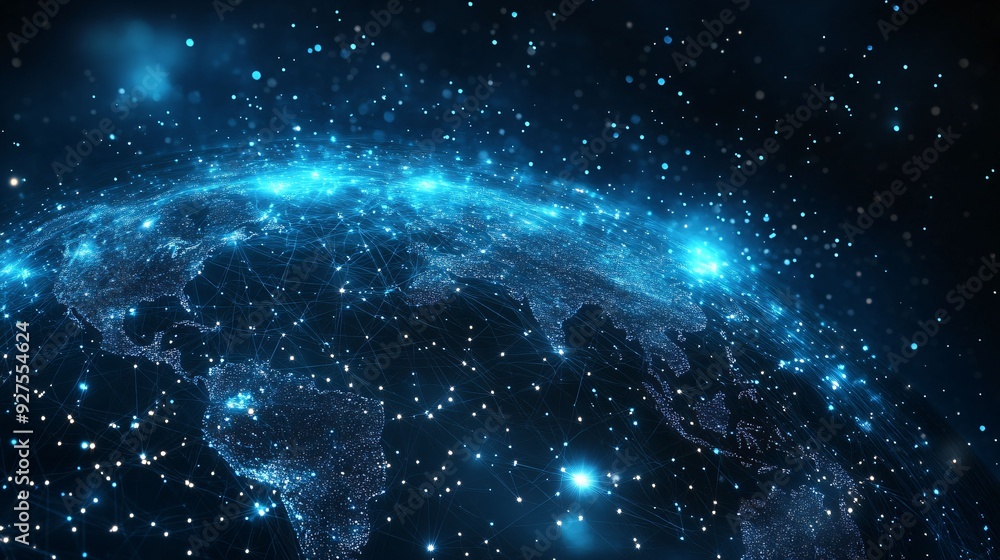 Obraz premium A glowing digital Earth viewed from space, showcasing interconnected global network connections and data flow, symbolizing worldwide technology and communication.