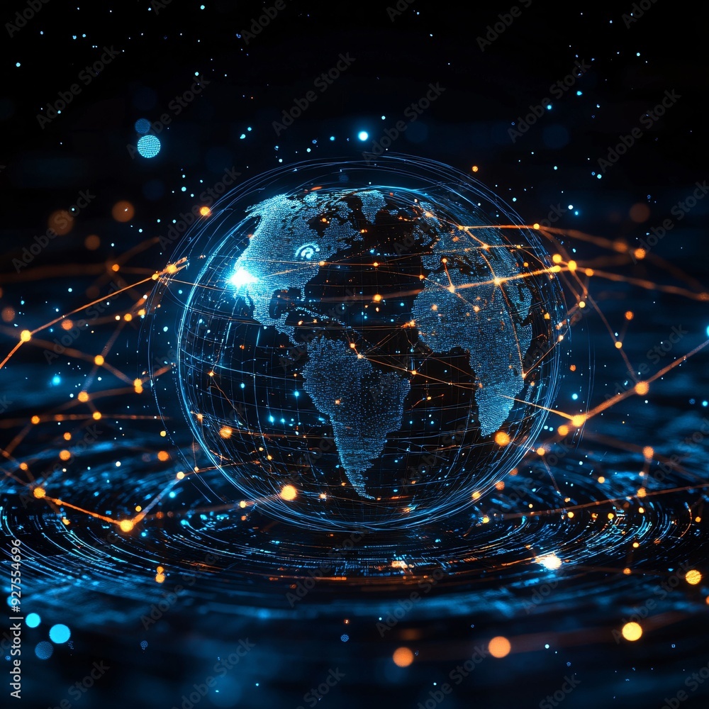Obraz premium A futuristic depiction of Earth with glowing blue and orange network connections, symbolizing global communication, technology, and the interconnected digital world.
