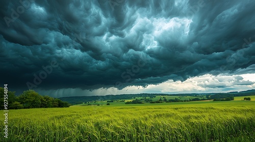 Dramatic storm clouds rolling over a serene rural landscape, with dark, brooding skies creating a powerful contrast against the lush green fields below
