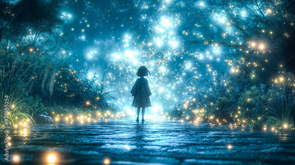 Petite fille de dos sur un chemin entouré de lucioles face à un ciel illuminé de galaxies Petite fille de dos sur un chemin entouré de lucioles face à un ciel illuminé de galaxies