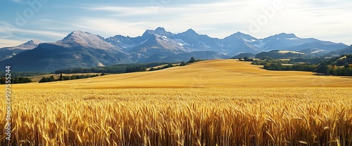 A golden wheat field stretches towards snow capped mountains under a blue sky.