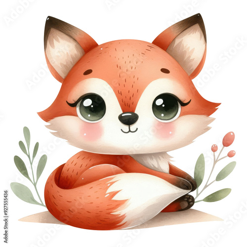 Baby fox sitting with plants, hand-drawn watercolor style clipart, isolated illustration, on a transparent background,
