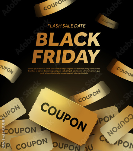 3d unlimited falling golden coupons on black background. Black Friday gift voucher giveaway banner template. Discount event poster. 3d vector illustration. Vector illustration
