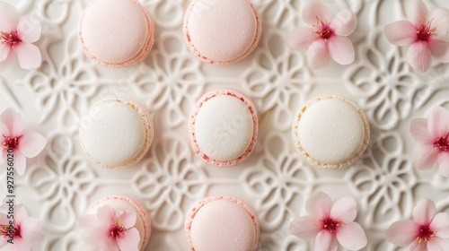 Pink and White Macarons with Cherry Blossoms.