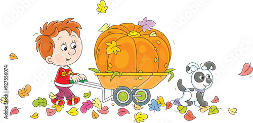 Funny little boy villager and his puppy wheeling a cart with a large orange pumpkin from an autumn garden, vector cartoon illustration isolated on a white background