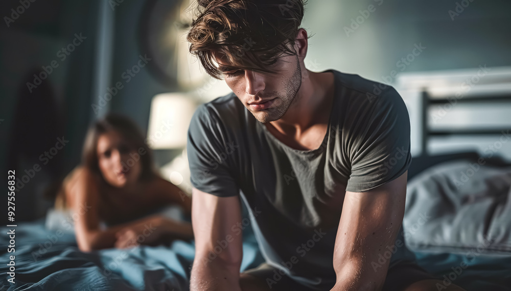 A tired man sits on the edge of the bed, with a woman in the background. The scene reflects the emotional strain and fatigue associated with relationship issues or divorce A tired man sits on the edge of the bed, with a woman in the background. The scene reflects the emotional strain and fatigue associated with relationship issues or divorce