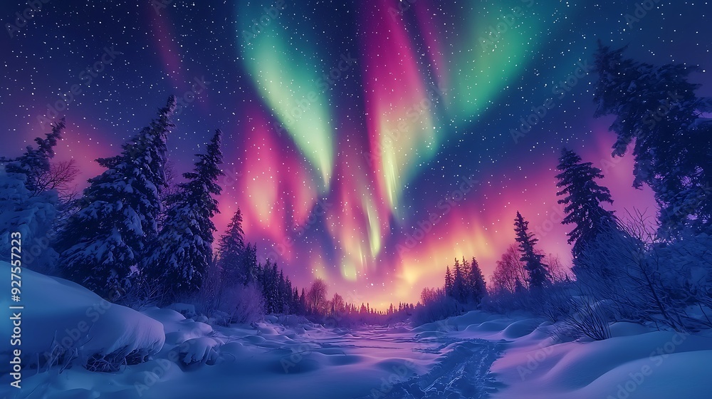 Fototapeta premium Dramatic Northern Lights illuminating a snowy landscape, with vibrant colors dancing across the night sky in a breathtaking natural display