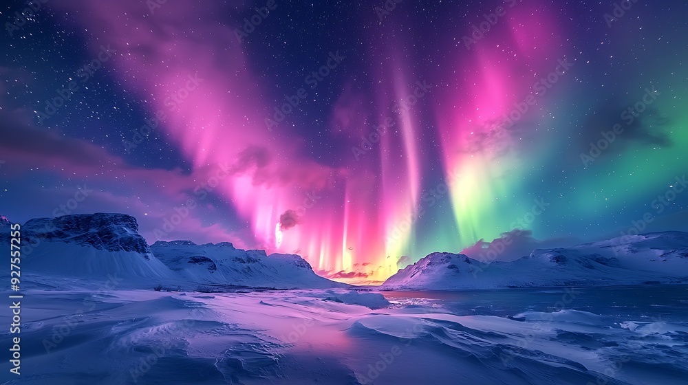 Naklejka premium Dramatic Northern Lights illuminating a snowy landscape, with vibrant colors dancing across the night sky in a breathtaking natural display