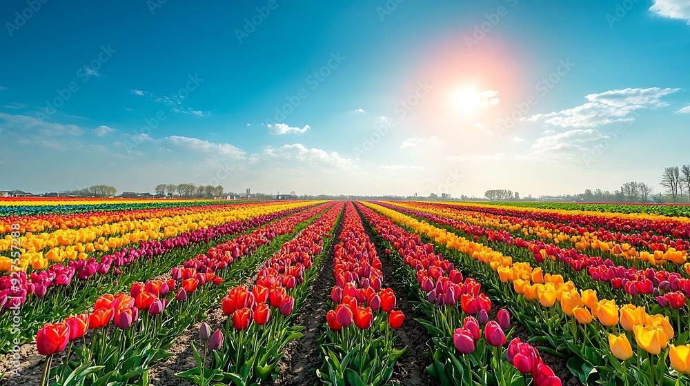 A vibrant field of tulips in the Netherlands, with rows of colorful flowers stretching out under a bright, clear sky A vibrant field of tulips in the Netherlands, with rows of colorful flowers stretching out under a bright, clear sky
