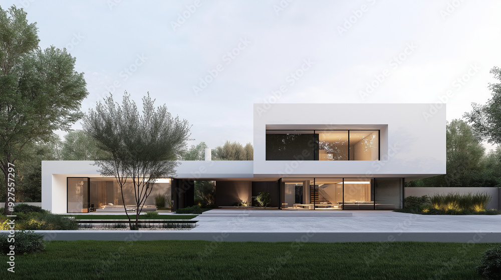 A modern house with a black and white color scheme, featuring white walls and concrete, surrounded by trees and green grass. The minimalist design includes a courtyard, showcasing the architectural ph A modern house with a black and white color scheme, featuring white walls and concrete, surrounded by trees and green grass. The minimalist design includes a courtyard, showcasing the architectural ph