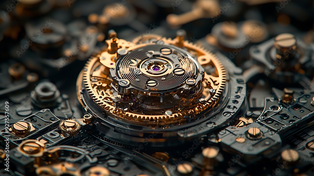 A close-up of an intricate watch mechanism, capturing the precision engineering and delicate craftsmanship in every detail A close-up of an intricate watch mechanism, capturing the precision engineering and delicate craftsmanship in every detail