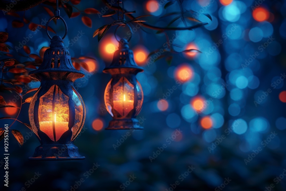 Two lit lanterns hanging from a branch with a bokeh background of orange and blue lights. Two lit lanterns hanging from a branch with a bokeh background of orange and blue lights.