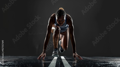 Professional female runner set to start, with a sleek black background