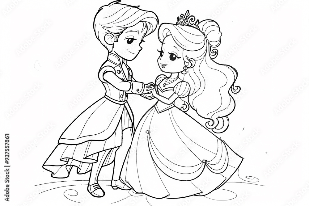A charming illustration of a young prince and princess dancing together, showcasing their royal attire and joyful expressions. A charming illustration of a young prince and princess dancing together, showcasing their royal attire and joyful expressions.