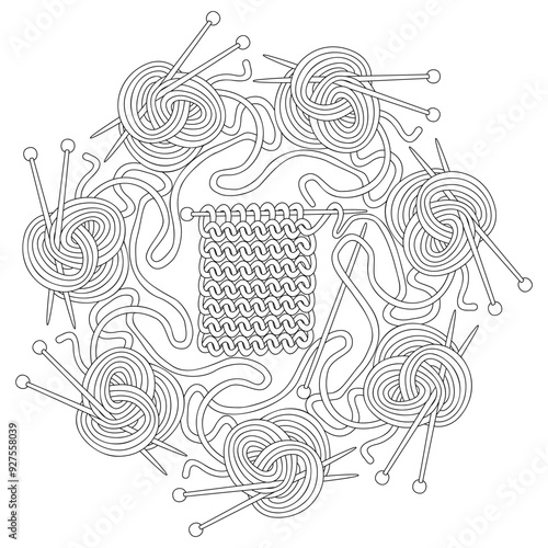Knitting - coloring page mandala. Hand drawn black and white vector illustration.