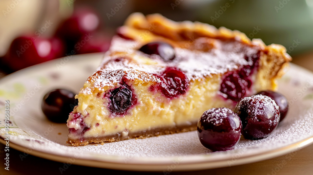 slice of clafoutis with a focus on the tender, custard-like interior and the juicy cherries, served on a delicate plate with a background of a cozy French kitchen slice of clafoutis with a focus on the tender, custard-like interior and the juicy cherries, served on a delicate plate with a background of a cozy French kitchen