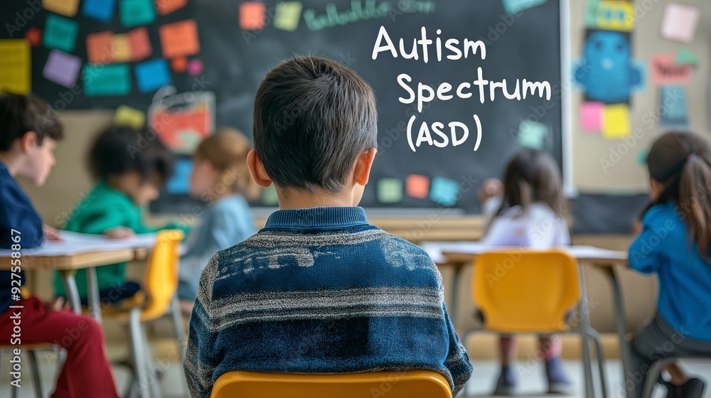 A young boy sitting in a classroom with A young boy sitting in a classroom with