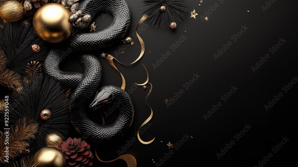 A black snake coiled among golden ornaments and dark pine branches, creating a luxurious and mysterious atmosphere. The image is sophisticated and stylish. A black snake coiled among golden ornaments and dark pine branches, creating a luxurious and mysterious atmosphere. The image is sophisticated and stylish.