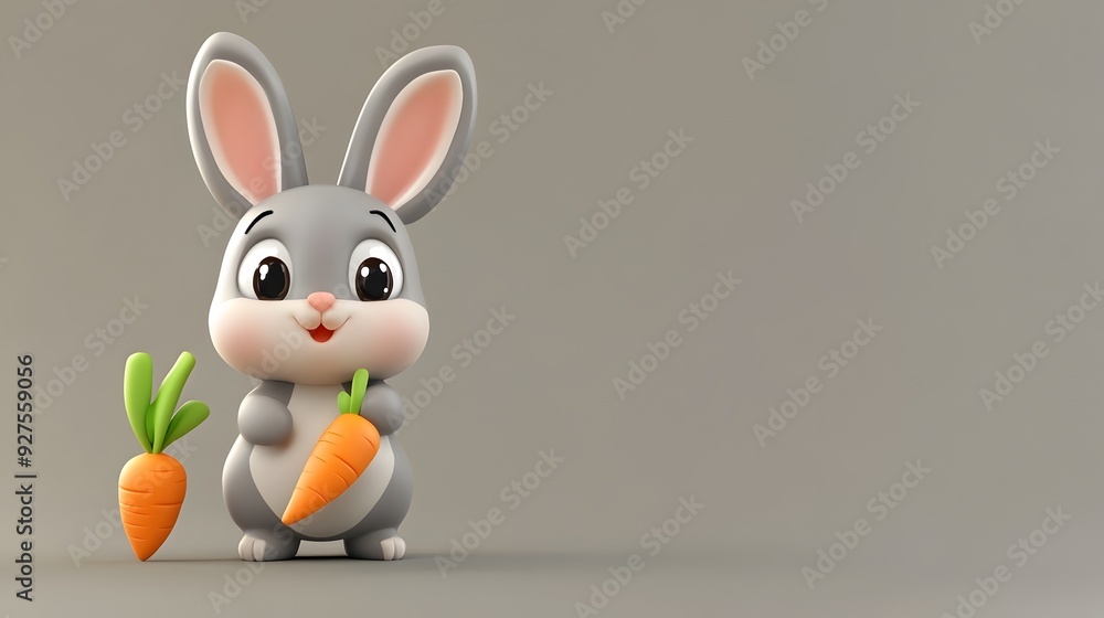 Fototapeta premium Cute 3D Clay Cartoon Bunny Holding a Vibrant Carrot on a White Background