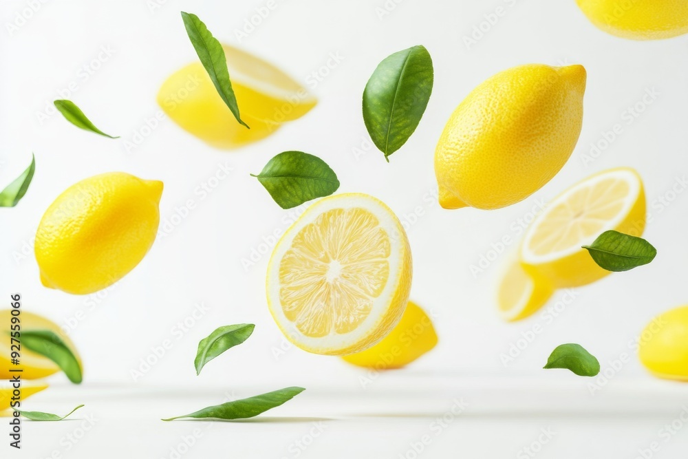 Flying fresh raw whole and sliced lemons with leaves on white background Flying fresh raw whole and sliced lemons with leaves on white background