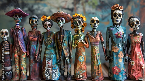 A group of eight Day of the Dead figurines, each with a painted skull face, colorful clothing, and floral decorations.