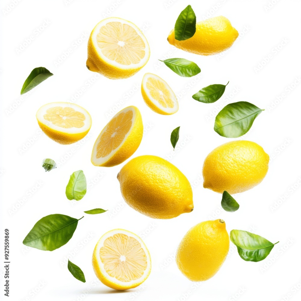 Flying fresh raw whole and sliced lemons with leaves on white background Flying fresh raw whole and sliced lemons with leaves on white background