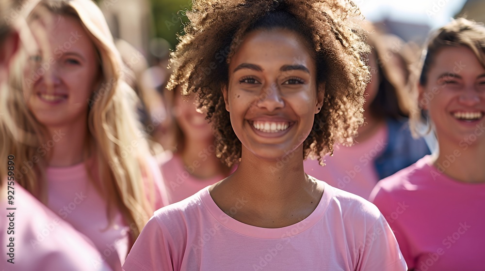 A young woman with curly hair smiles brightly, wearing a pink t-shirt and surrounded by other smiling people in pink. A young woman with curly hair smiles brightly, wearing a pink t-shirt and surrounded by other smiling people in pink.