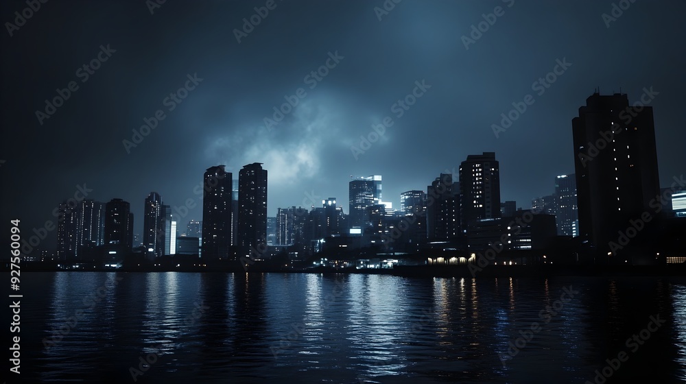Obraz premium Darkened City Skyline Amid Widespread Power Outage at Night