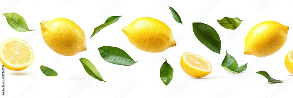 Obraz premium Flying fresh raw whole and sliced lemons with leaves on white background