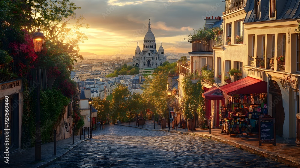 Obraz premium vibrant streets of Montmartre The scene captures the winding cobblestone streets leading up to the iconic Sacré-Cœur