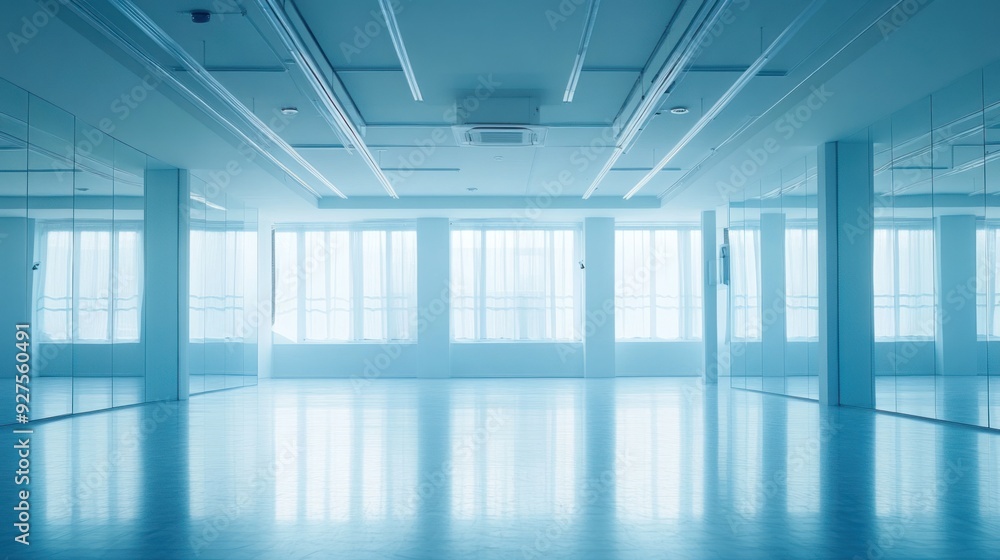 A bright, spacious, empty dance studio with mirrors along the wall, barres for support, and large windows allowing natural light to fill the room.