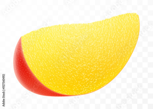 Sliced of a fresh juicy mango tropical fruit. Exotic mango fruit isolated on transparent background. Summer tropical vitamin food. Realistic 3d vector illustration