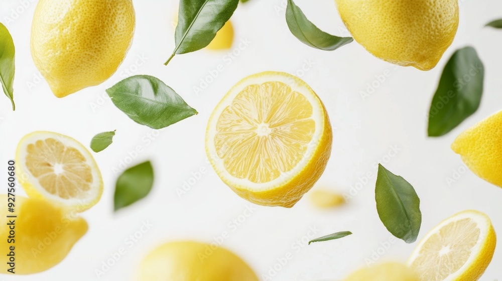 Flying fresh raw whole and sliced lemons with leaves on white background Flying fresh raw whole and sliced lemons with leaves on white background