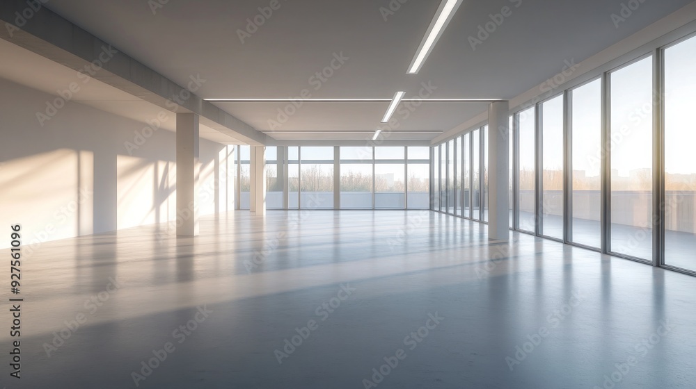 An empty modern office space with large windows, providing ample natural light, and minimalistic design featuring clean lines and an open-plan layout. An empty modern office space with large windows, providing ample natural light, and minimalistic design featuring clean lines and an open-plan layout.